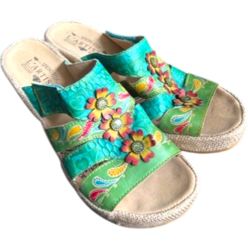 Spring Step L'Artiste Floral Embrace Slides - Turquoise/Multi - 40 - Picture 5 of 13
